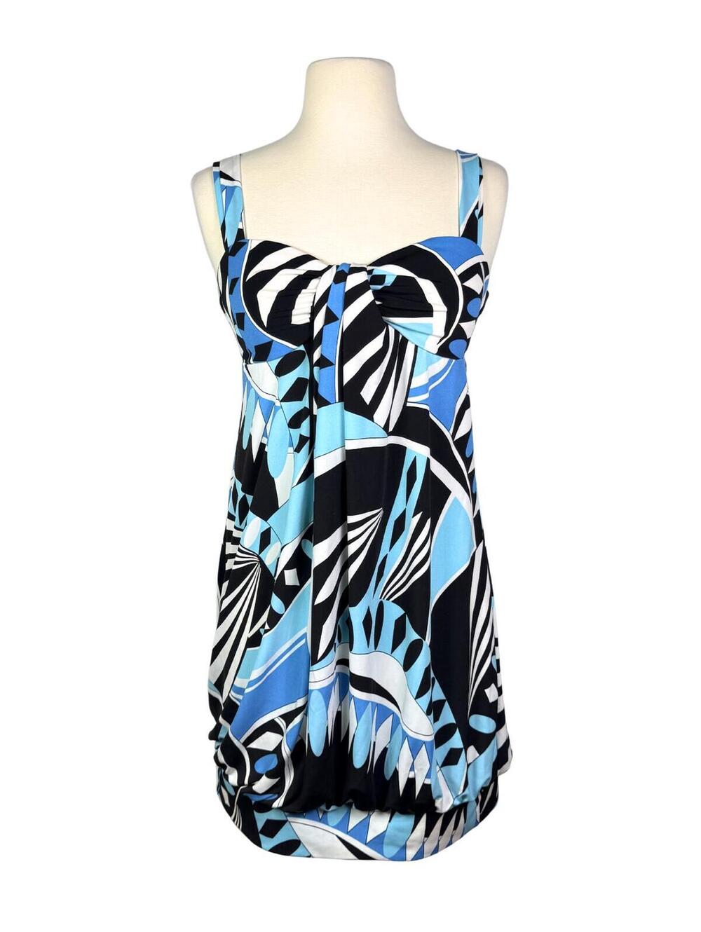SOLD Y2K Blue Geometric Bubble Hem Mini Dress Bow Bust Size 5/6